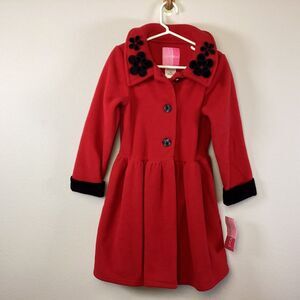 NWT Girls Good Lad Red Double Breasted Coat Size 5 Velvet Flowers Buttons Collar
